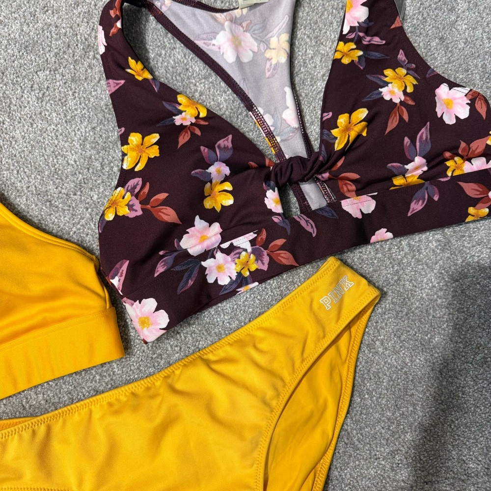 NWT PINK Victoria's Secret Yellow & Maroon Floral Sports Bra/bikini bundle Med - Picture 3 of 14